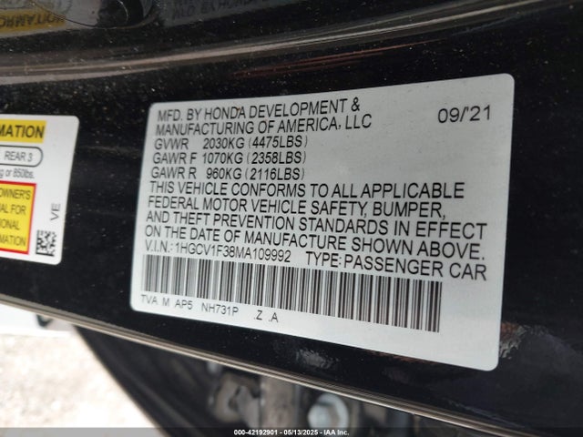 1HGCV1F38MA109992 Honda Accord Sport