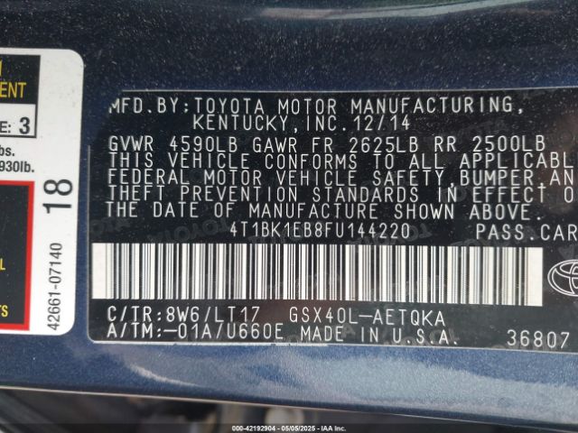 4T1BK1EB8FU144220 Toyota Avalon Xle Touring