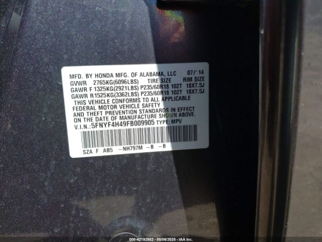 5FNYF4H49FB009905 Honda Pilot Ex