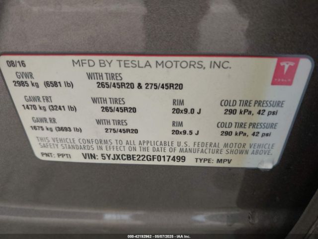 5YJXCBE22GF017499 Tesla Model X 60d/70d/75d/90d/p100d