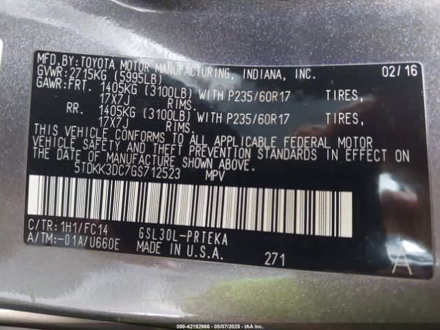 5TDKK3DC7GS712523 Toyota Sienna Le 8 Passenger