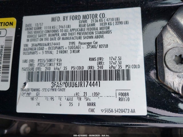 3FA6P0UU6JR174441 Ford Fusion Hybrid S