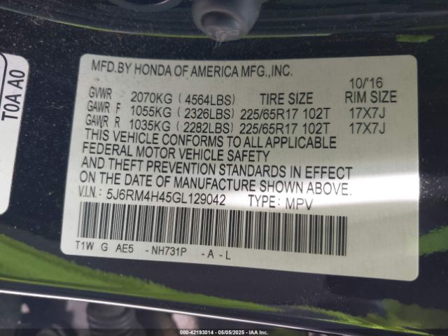 5J6RM4H45GL129042 Honda CR-V SE