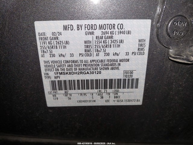 1FMSK8DH2RGA30120 Ford EXPLORER XLT