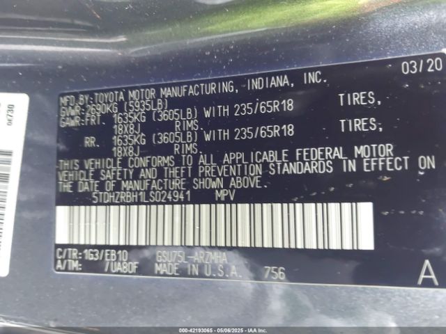 5TDHZRBH1LS024941 Toyota Highlander Xle