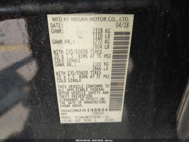 5N1AZ2MG4JN148844 Nissan Murano Platinum