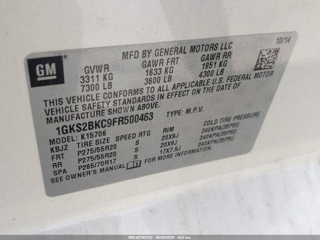 1GKS2BKC9FR500463 GMC YUKON SLT