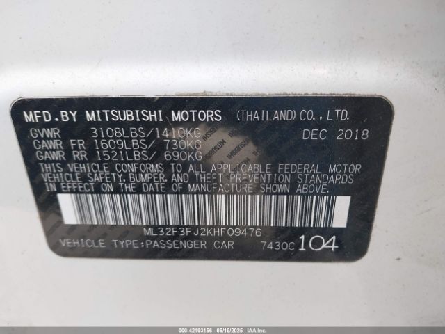 2019 MITSUBISHI MIRAGE G4 ML32F3FJ2KHF09476 Photo 8