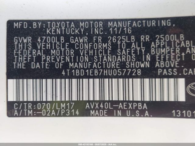 4T1BD1EB7HU057728 Toyota Avalon Hybrid Limited