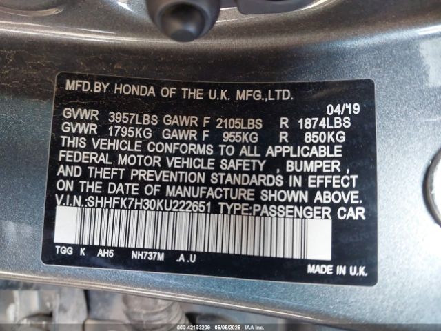 SHHFK7H30KU222651 Honda Civic Lx