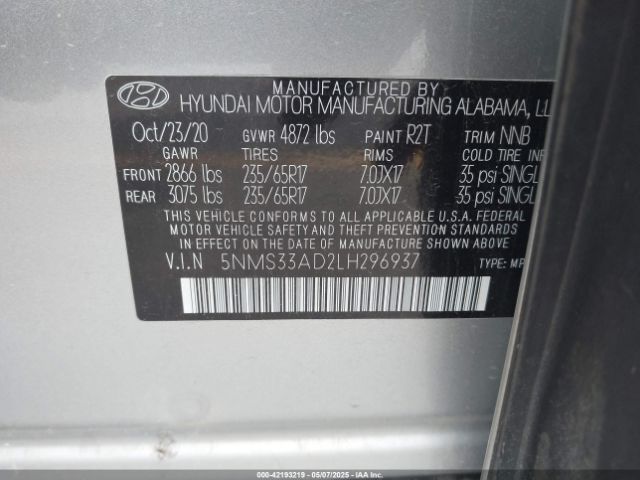5NMS33AD2LH296937 Hyundai Santa Fe Sel