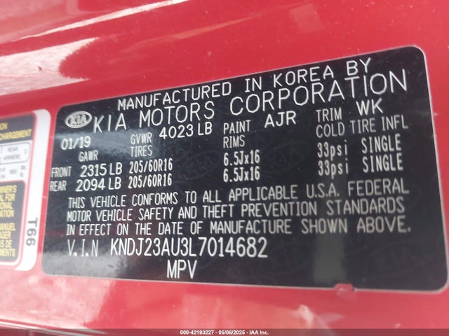 42193227 :رقم المزاد ، KNDJ23AU3L7014682 vin ، 2020 Kia Soul S مزاد بيع