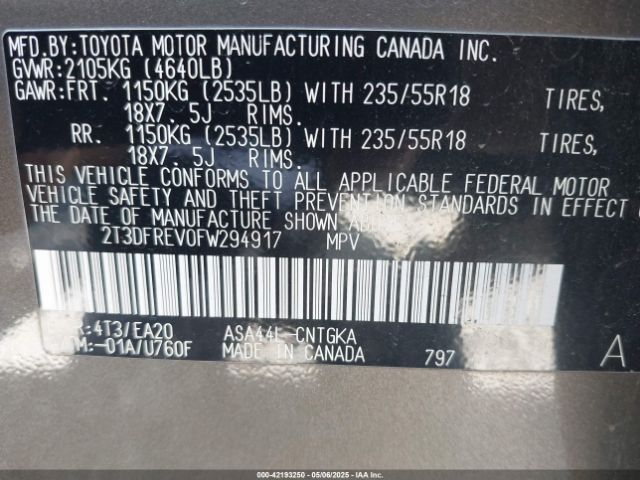 2T3DFREV0FW294917 Toyota 2ar-fe