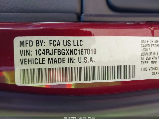 1C4RJFBGXNC167019 Jeep Grand Cherokee