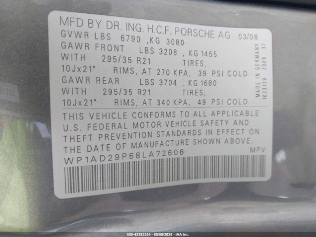 2008 PORSCHE CAYENNE WP1AD29P68LA72608 Photo 8