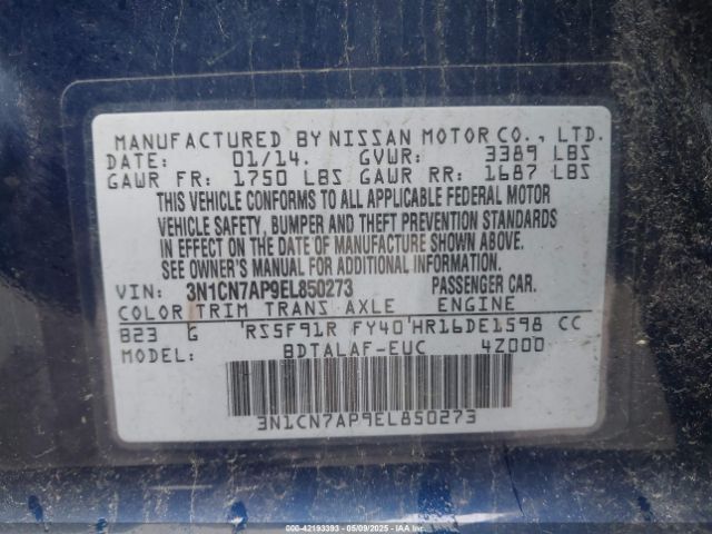 3N1CN7AP9EL850273 Nissan Versa 1.6 S