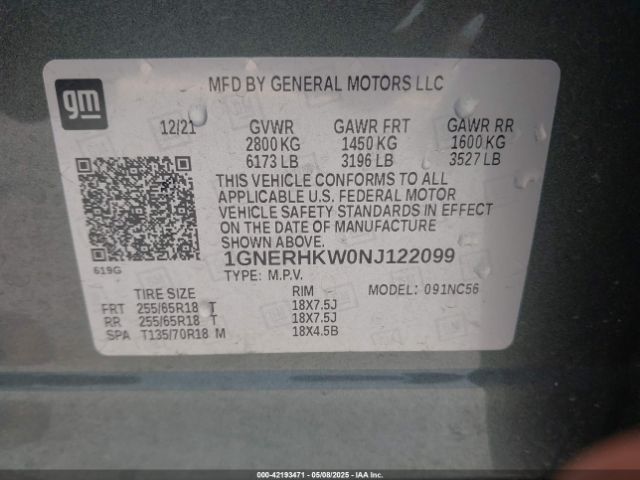 1GNERHKW0NJ122099 Chevrolet Traverse Fwd Lt Leather