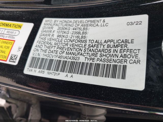 1HGCV1F46NA043923 Honda l15be