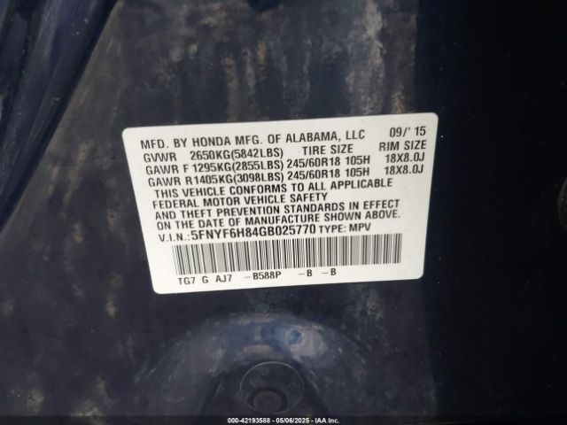 5FNYF6H84GB025770 Honda Pilot Ex-l