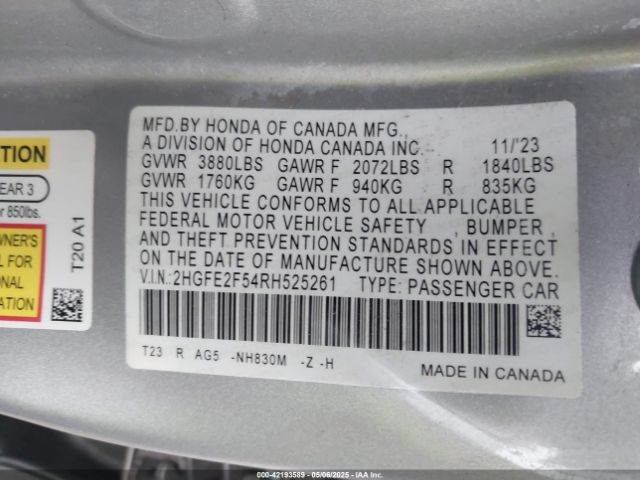 2HGFE2F54RH525261 Honda Civic Sport