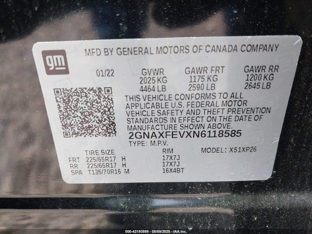 2GNAXFEVXN6118585 Chevrolet Equinox Fwd 1fl