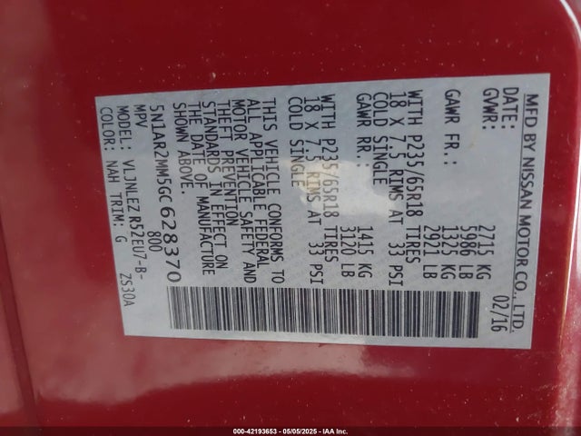 5N1AR2MM5GC628370 Nissan Pathfinder Platinum/s/sl/sv