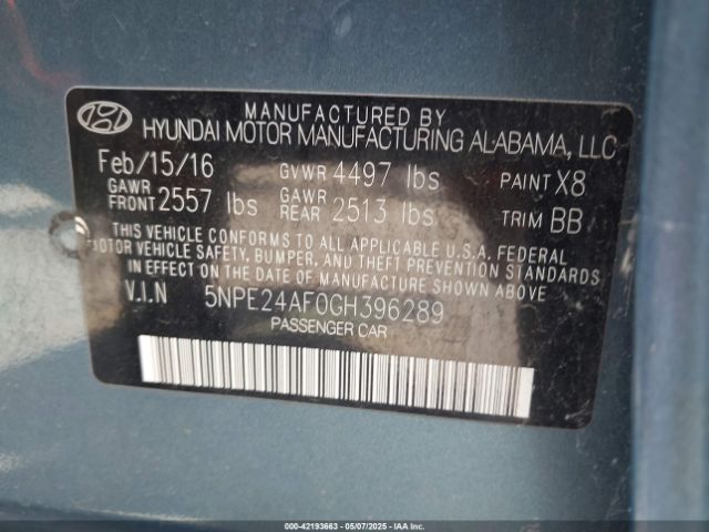 5NPE24AF0GH396289 Hyundai Sonata