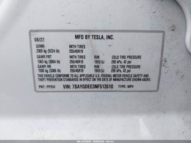 7SAYGDEE3NF513510 Tesla Model Y Long Range Dual Motor All-wheel Drive