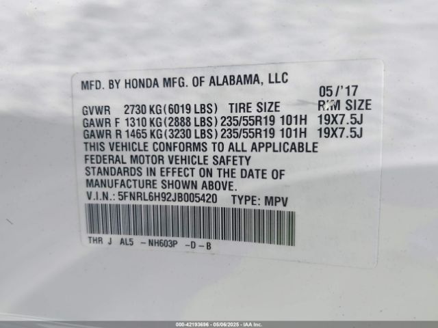 5FNRL6H92JB005420 Honda Odyssey Elite