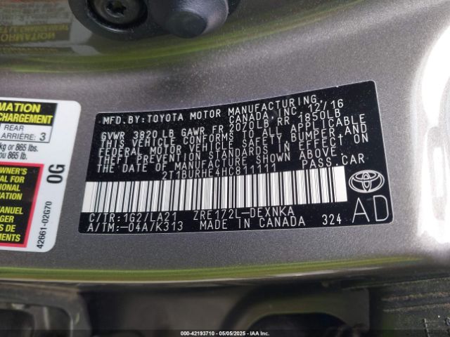 2T1BURHE4HC811111 Toyota Corolla Xle