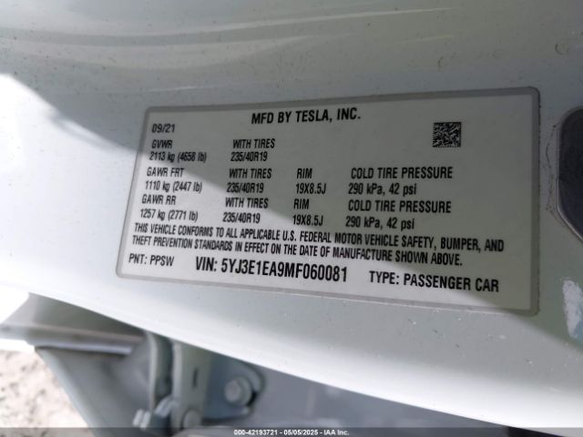 2021 TESLA MODEL 3 5YJ3E1EA9MF060081 Photo 8
