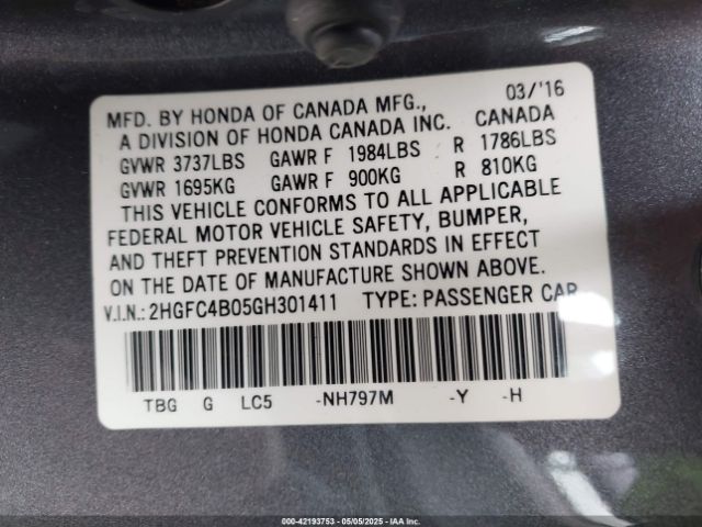 2HGFC4B05GH301411 Honda Civic Lx-p