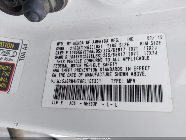 5J6RM4H78FL106301 Honda Cr-v Ex-l