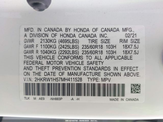 2HKRW1H57MH411528 Honda l15be
