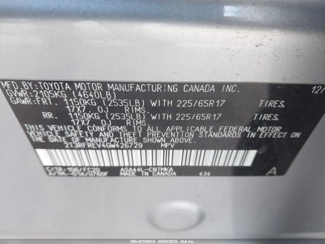 2T3RFREV4GW426729 Toyota Rav4 Xle