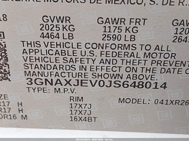 3GNAXJEV0JS648014 Chevrolet EQUINOX LT
