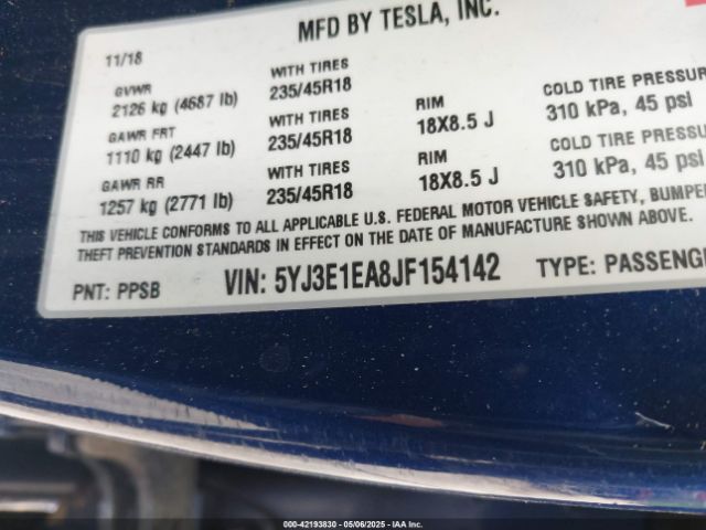 5YJ3E1EA8JF154142 Tesla Model 3 Long Range/mid Range