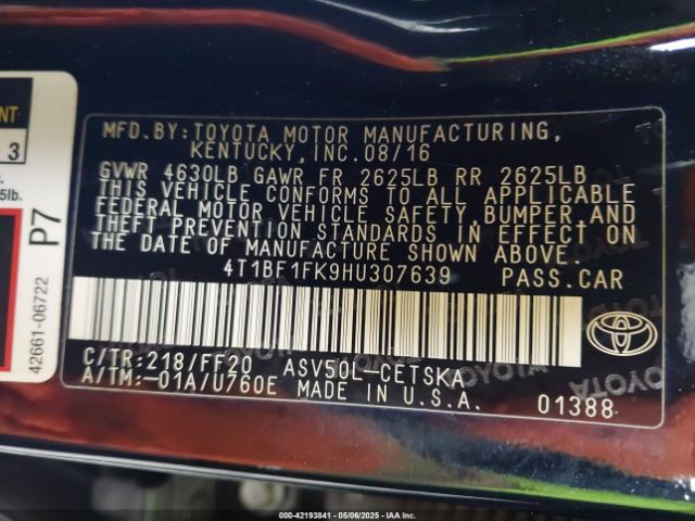 4T1BF1FK9HU307639 Toyota 2ar-fe