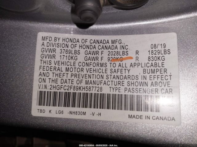 2HGFC2F89KH587728 Honda k20c2