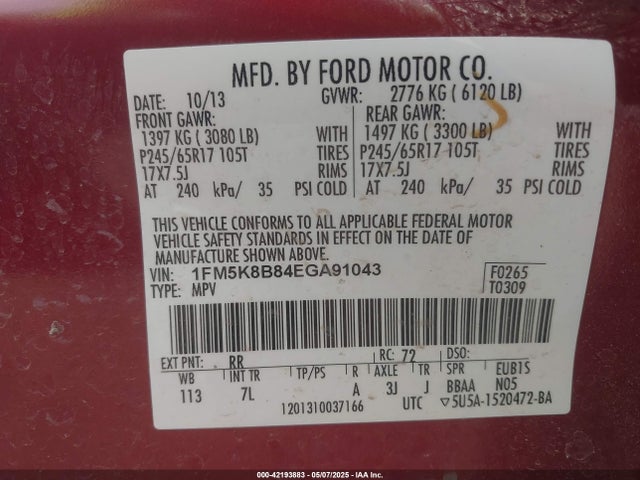 1FM5K8B84EGA91043 Ford 2014