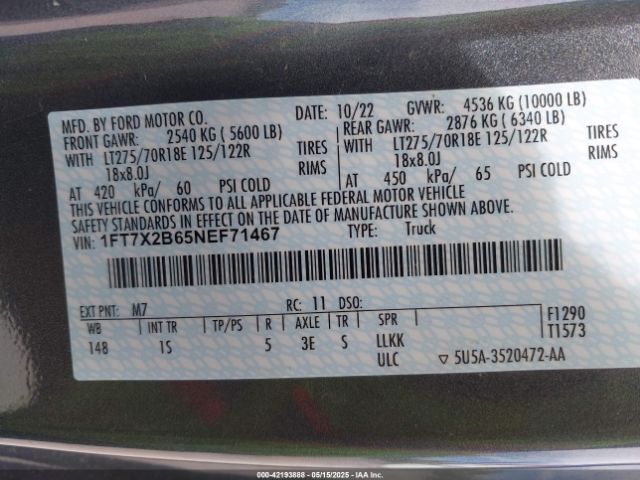 1FT7X2B65NEF71467 Ford F-250 Xl