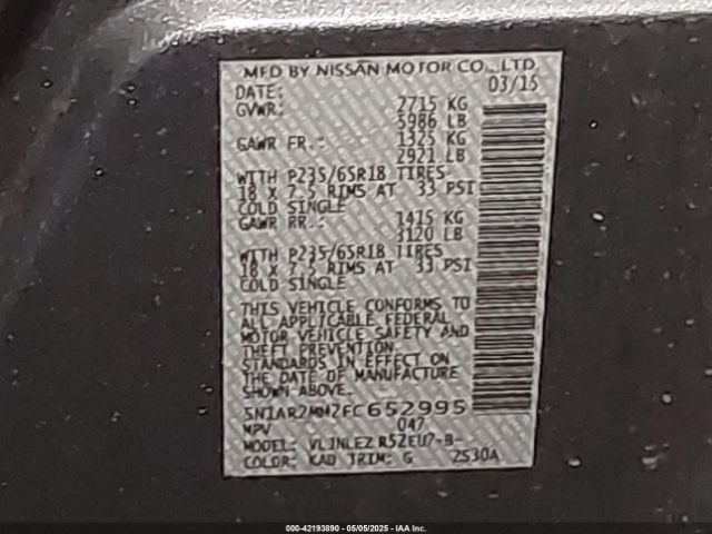 5N1AR2MM2FC652995 Nissan Pathfinder Platinum/s/sl/sv