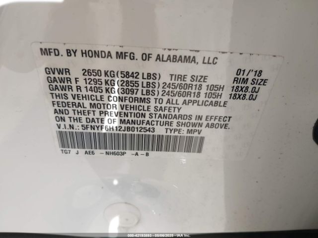 5FNYF6H12JB012543 Honda PILOT LX