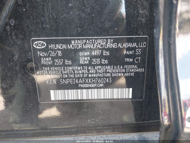 5NPE24AFXKH760243 Hyundai SONATA SE