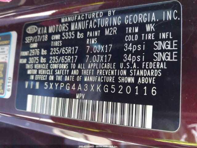 5XYPG4A3XKG520116 KIA Sorento 2.4l Lx