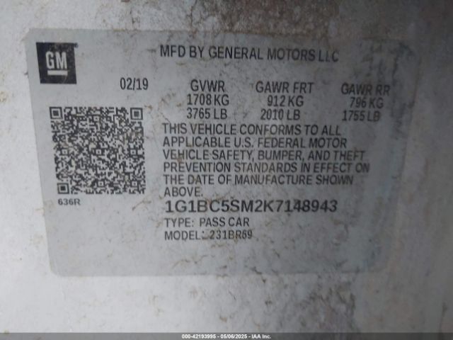 1G1BC5SM2K7148943 Chevrolet CRUZE LS