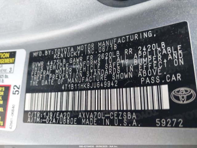 4T1B11HK8JU649942 Toyota CAMRY SE