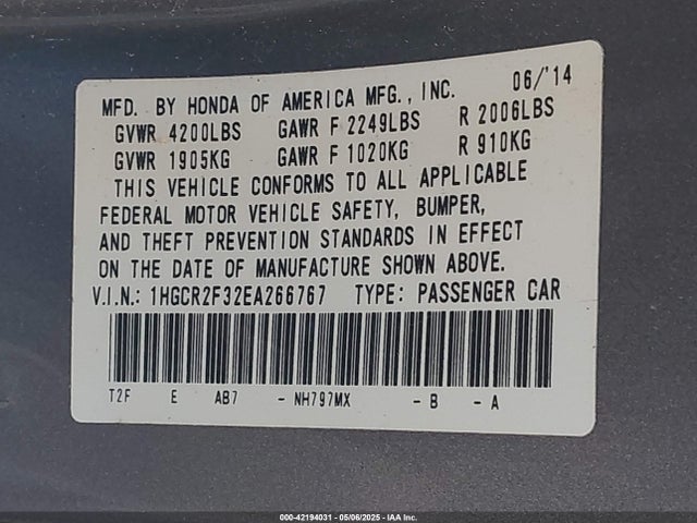 1HGCR2F32EA266767 Honda ACCORD LX