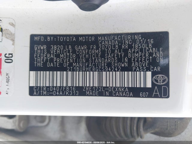 2T1BURHE8GC594242 Toyota COROLLA LE
