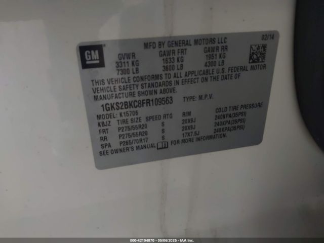 1GKS2BKC8FR109563 GMC YUKON SLT